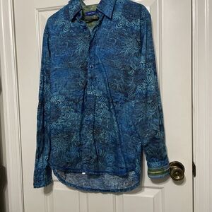Georg Roth Los Angeles Button Down Mens Medium Blue Abstract Contrast Flip Cuffs